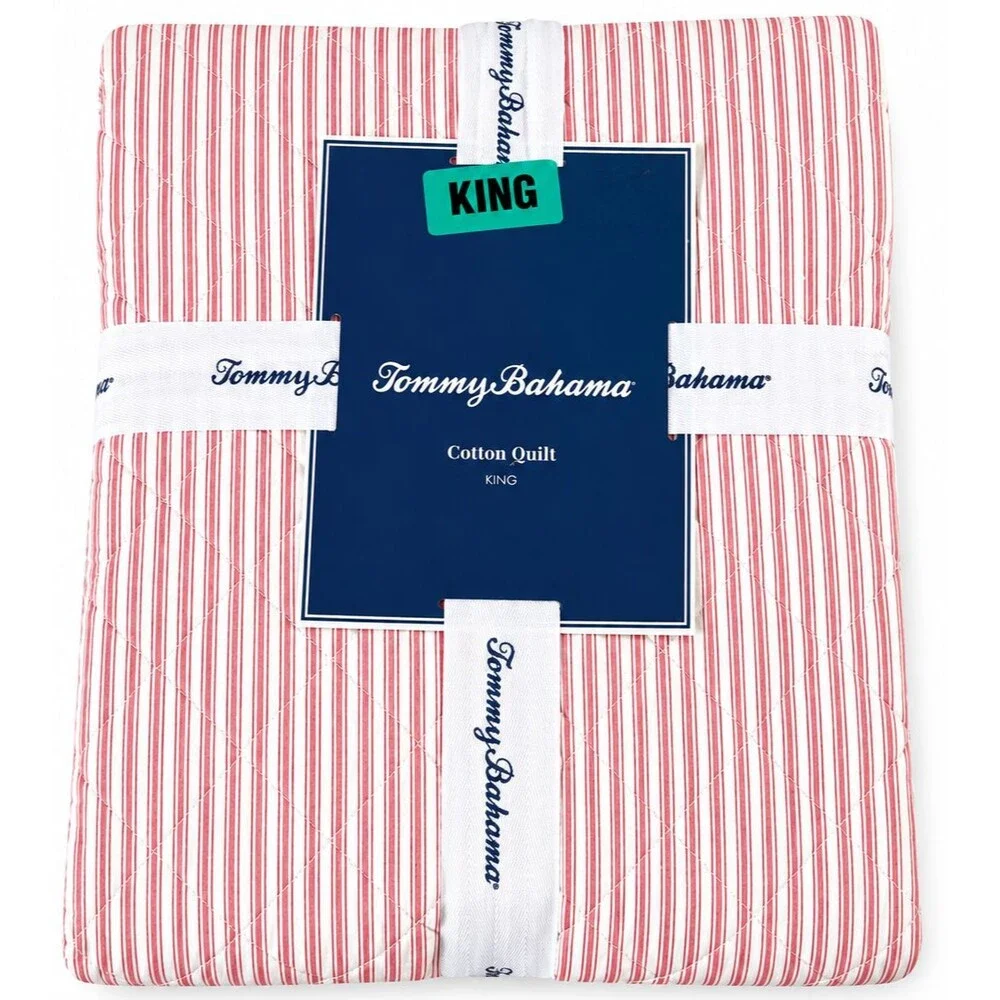 Tommy Bahama Makena Stripe King Quilt Comforter Pink White Reversible Tropical